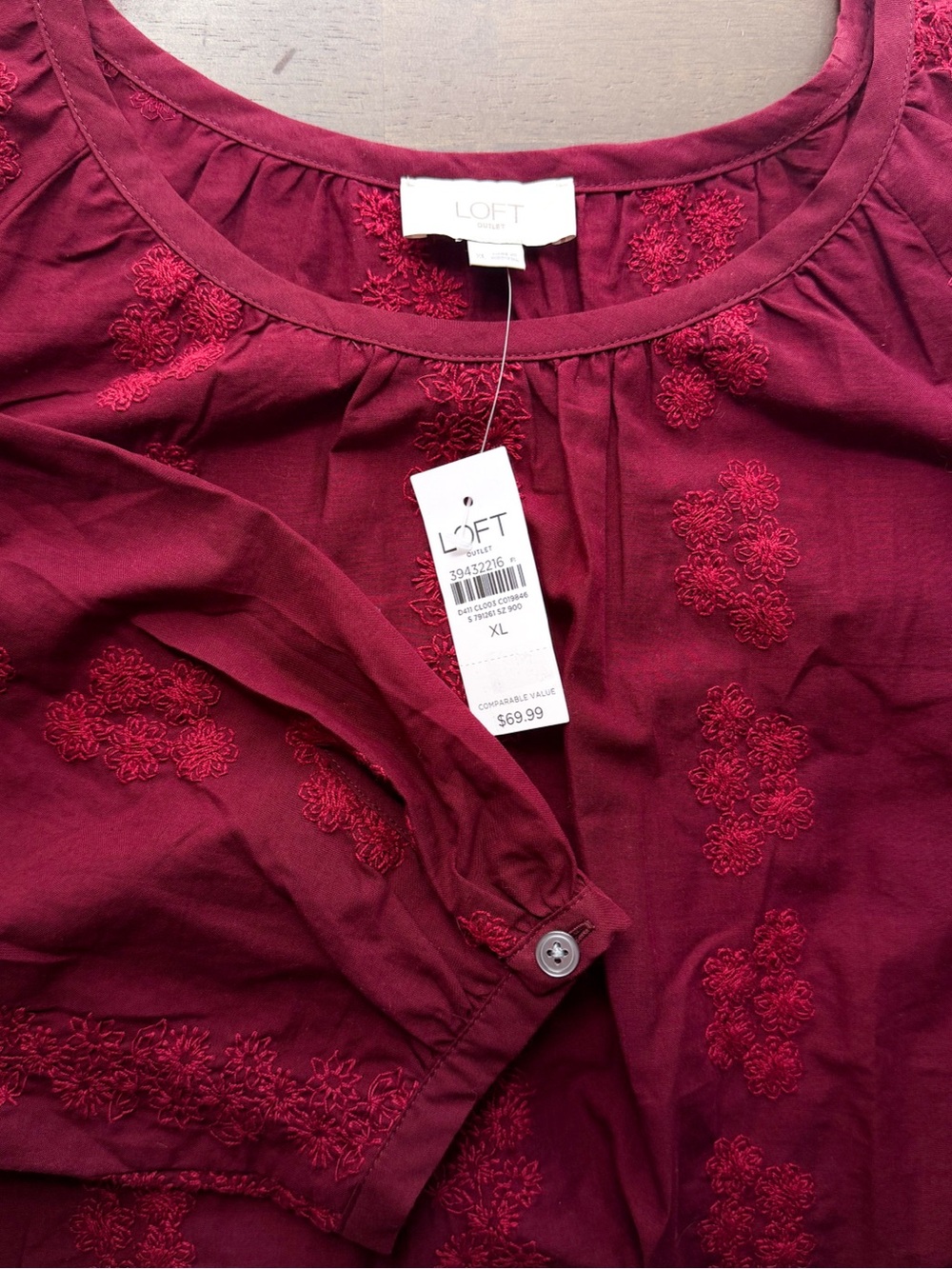 LOFT Outlet Burgundy Embroidered Blouse Long Sleeve Cotton XL Autumn Boho NWT - Picture 4 of 7